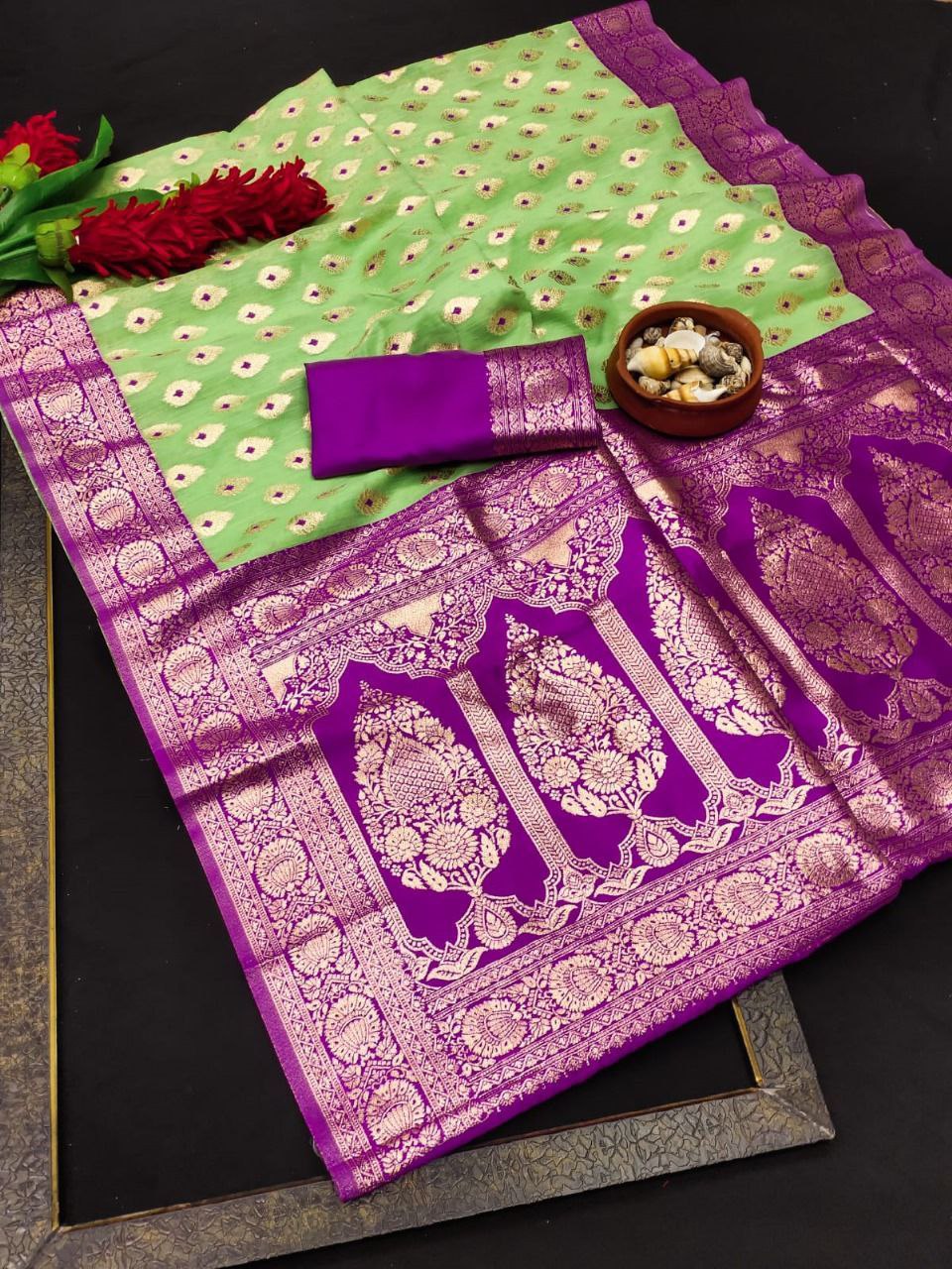 Pista Pure Linen Banarasi Silk Saree