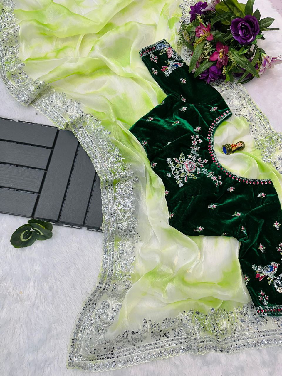 Pista Shibori Printed Burberry Silk Saree