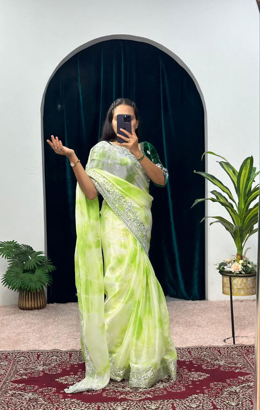 Pista Shibori Printed Burberry Silk Saree
