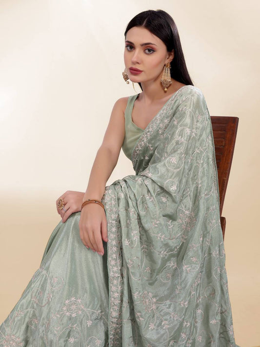 Pista Silver Party Wear Chinon Silk Saree