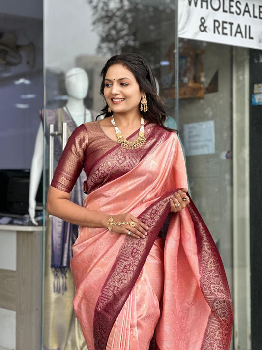 Peach Wedding Wear Soft Silk Saree