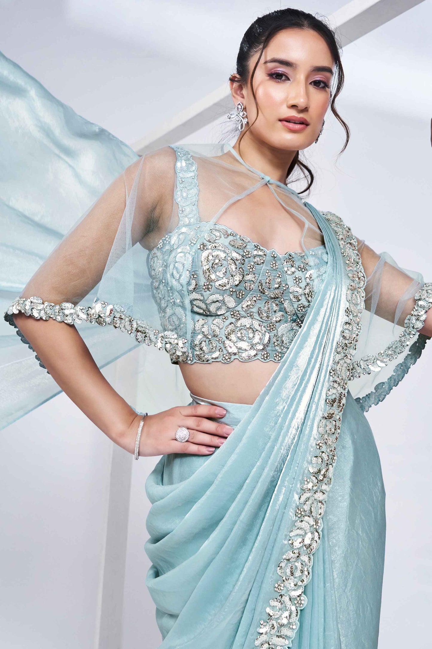 Powder Blue Stylish Ready Made Satin Silk Saree With Poncho & Belt | Original Saree