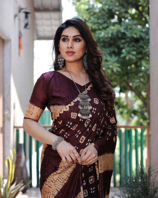 Coffee Pure Bandhej Silk Saree