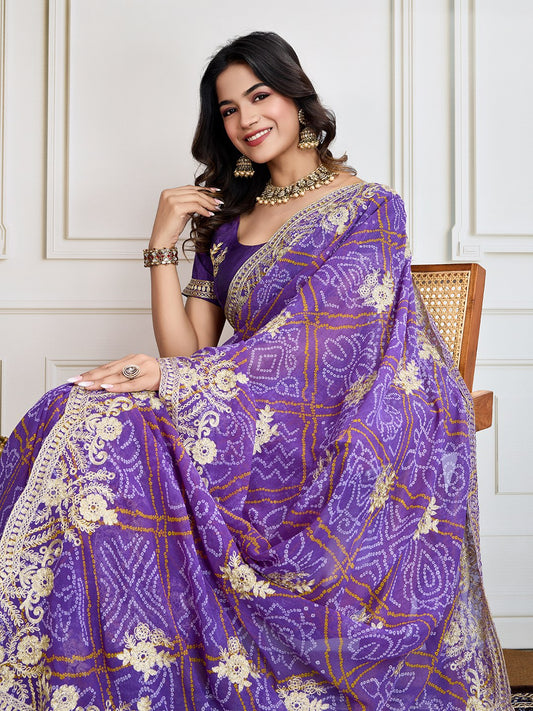 Purple Bandhani Printed Georgette Saree