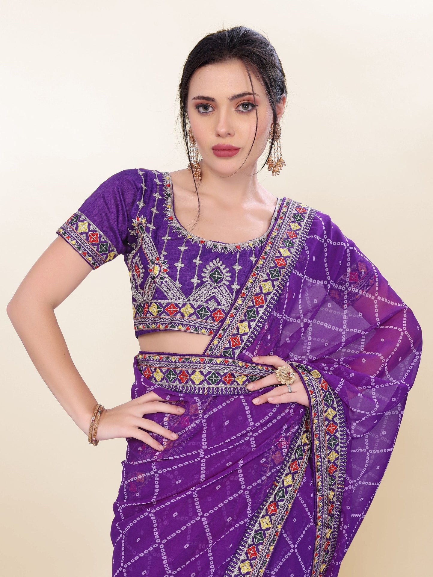 Purple Bandhej Printed Georgette Saree