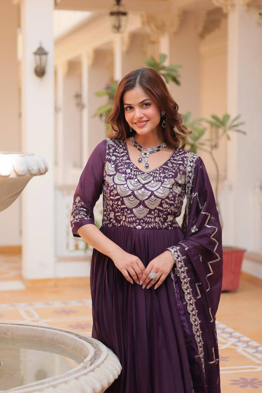 Purple Designer Long Gown Dress With Dupatta