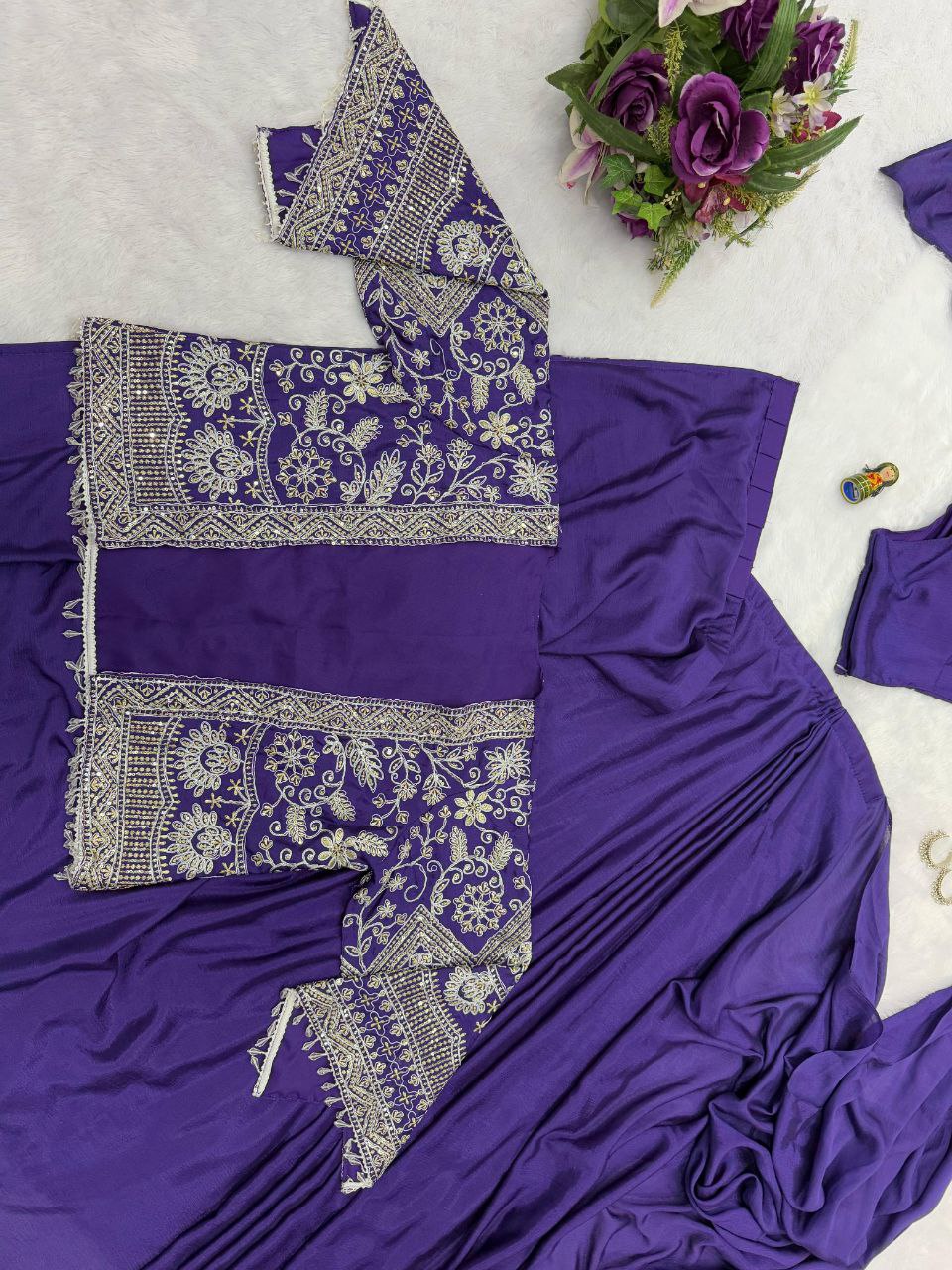 Purple Designer Ready To Wear Chinon Silk Saree