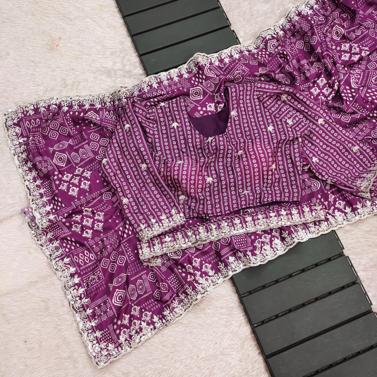 Purple Digital Printed Chinon Silk Saree