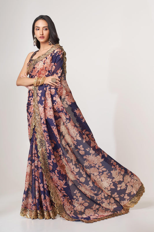 Purple Floral Printed Organza Saree With Blouse | 100% Original Saree
