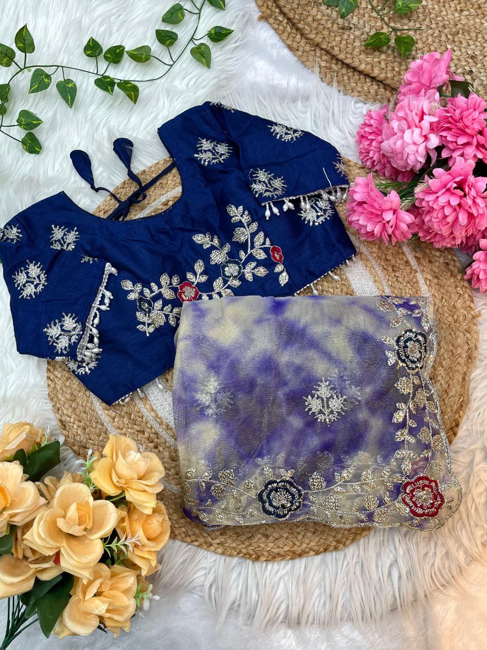 Purple Prism Printed Twill Net Saree