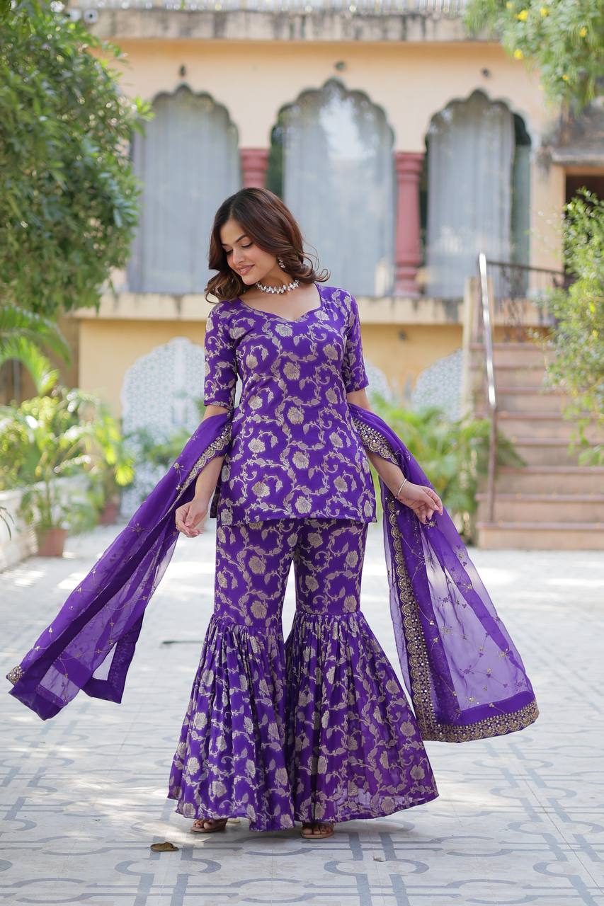 Purple Readymade Modern Sharara Set For Wedding