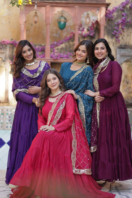 Magenta Traditional Indian Gown Dress With Dupatta