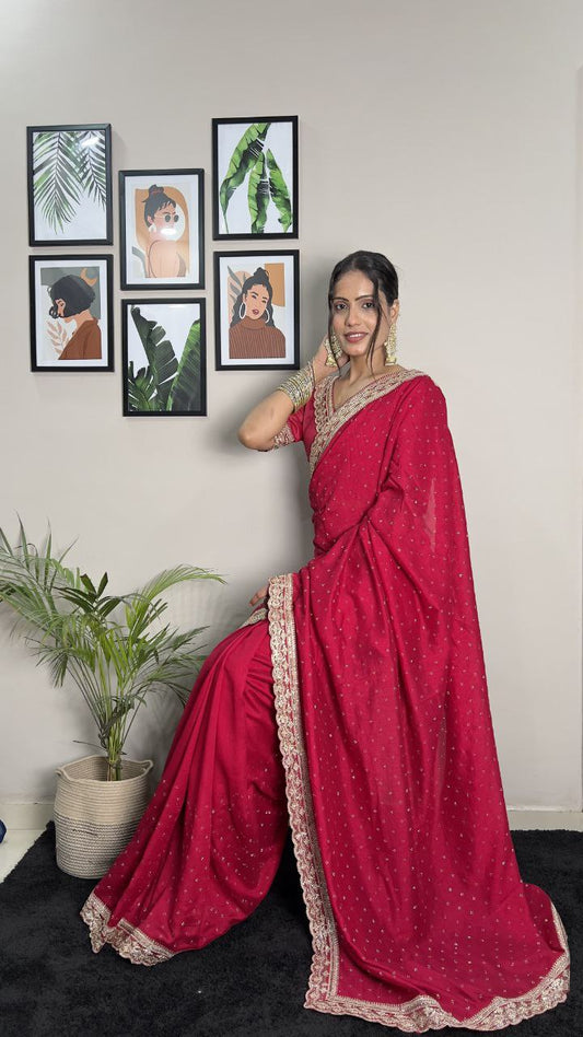 Rani Pink Party Wear Vichitra Silk Sare
