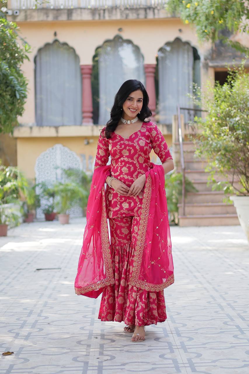 Rani Pink Readymade Modern Sharara Set For Wedding