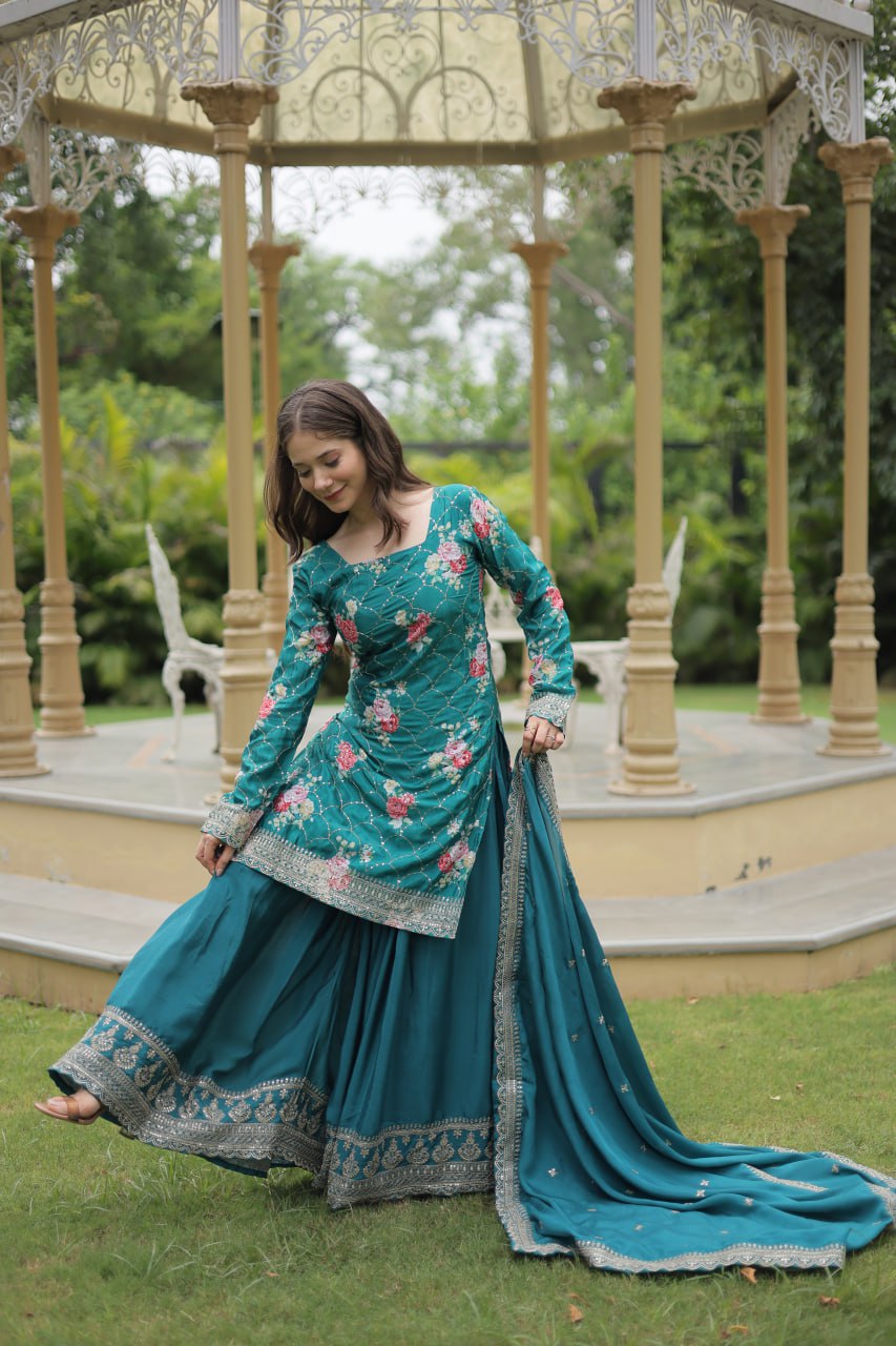 Teal Ready Made Kurta Plazzo With Dupatta