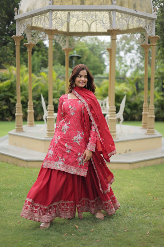 Tomato Red Ready Made Kurta Plazzo With Dupatta