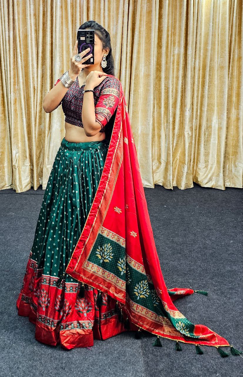 Red & Green Wedding Wear Tussar Silk Lehenga