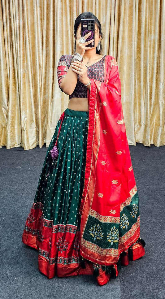 Red & Green Wedding Wear Tussar Silk Lehenga