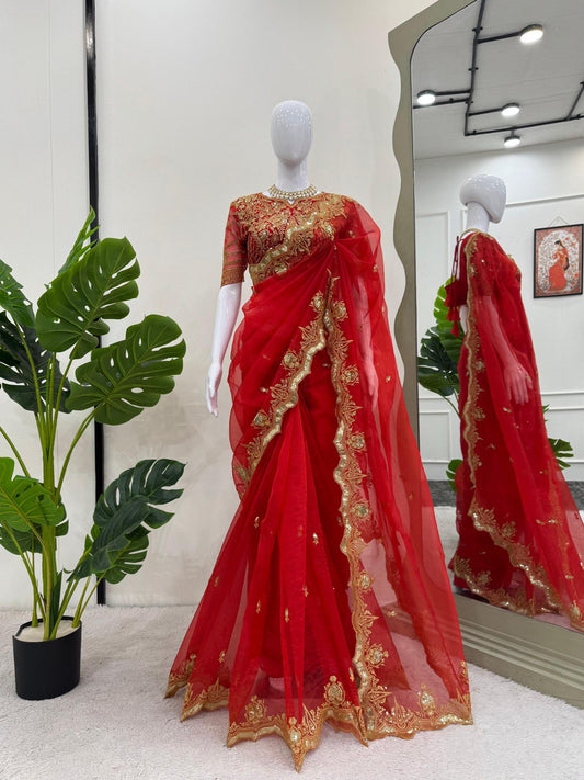 Red Designer Organza Silk Saree