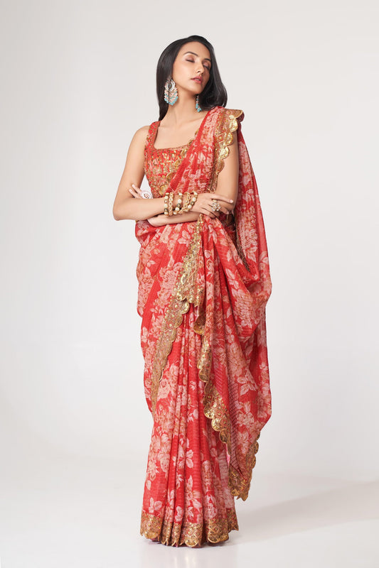 Red Floral Printed Organza Saree With Blouse | 100% Original Saree