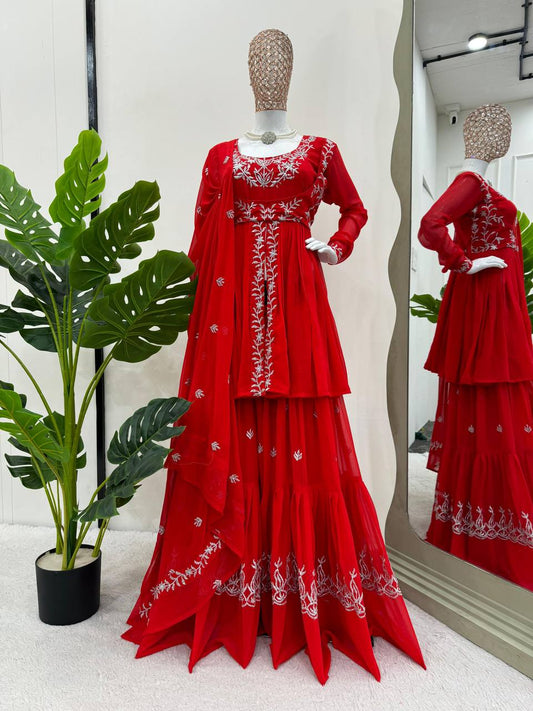 Red Georgette Modern Sharara Set For Wedding