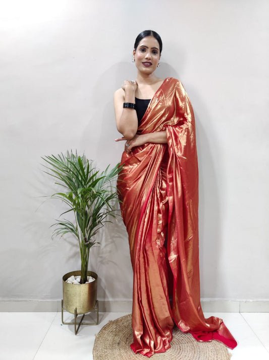 Red Golden Ready to Wear Shimmer Silk Saree