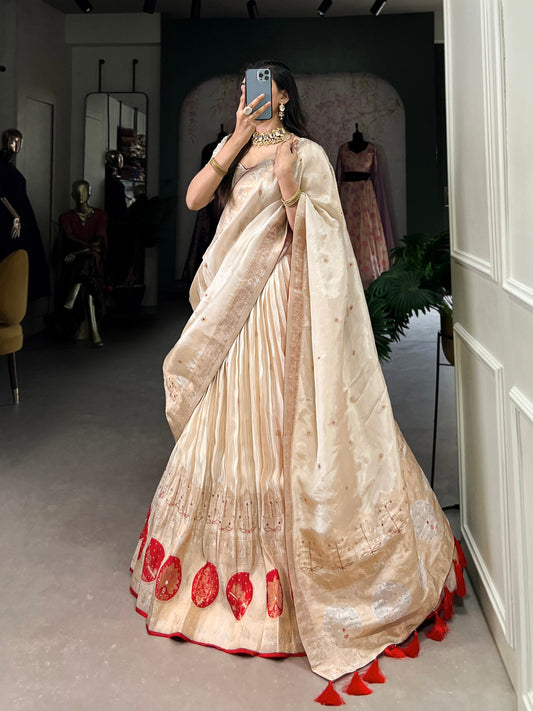 Red & Off White Shimmer Lehenga For Wedding