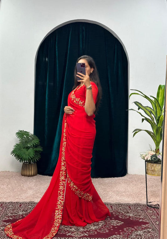 Red Party Wear Georgette Gown Saree