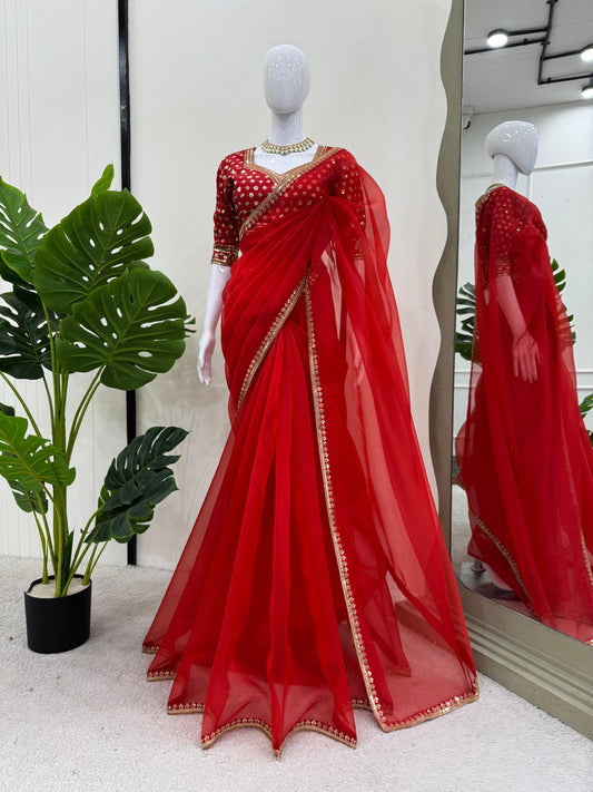 Red Party Wear Organza Silk Saree