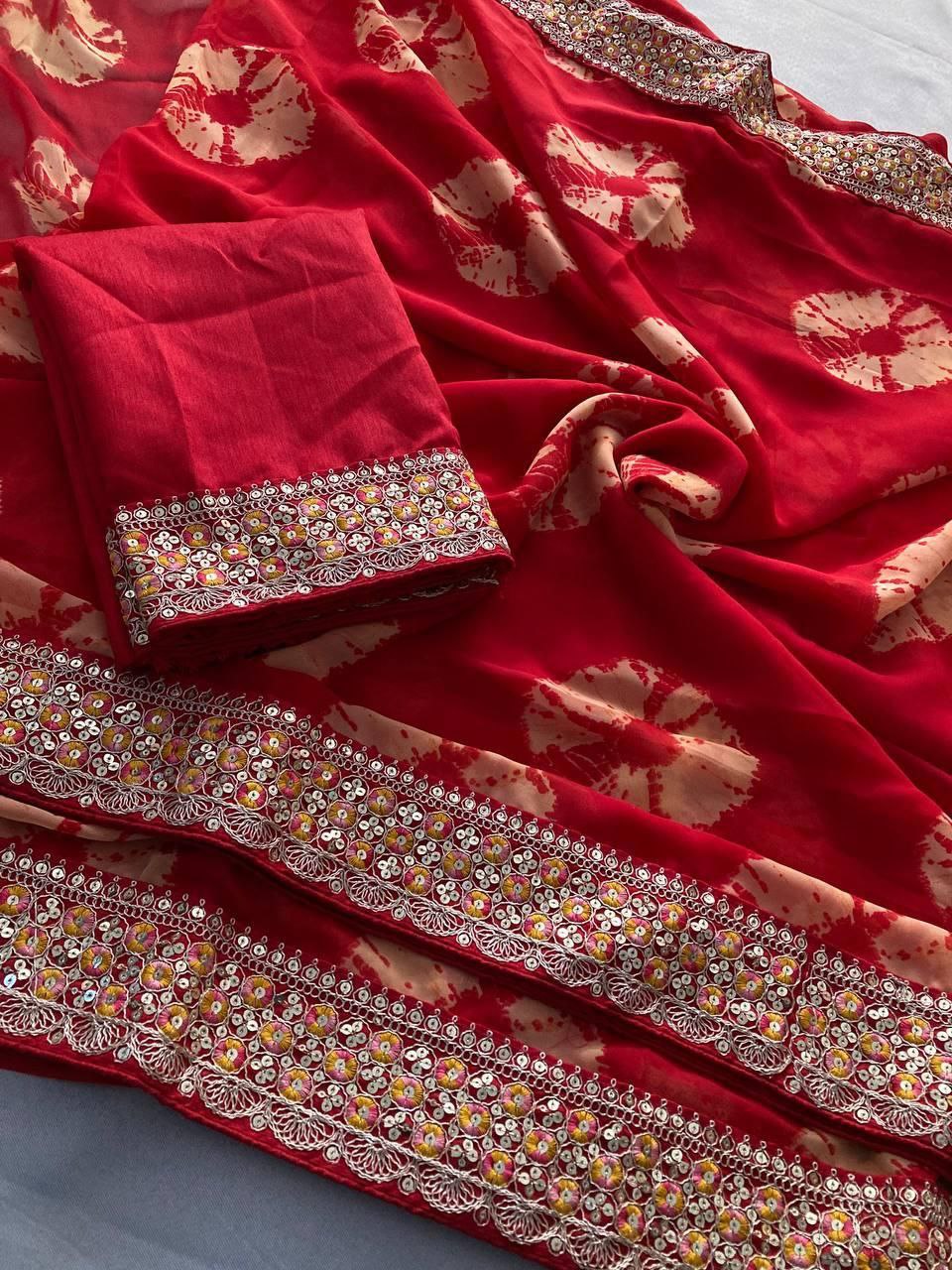Red Party Wear Soft Georgette Bandhej Saree