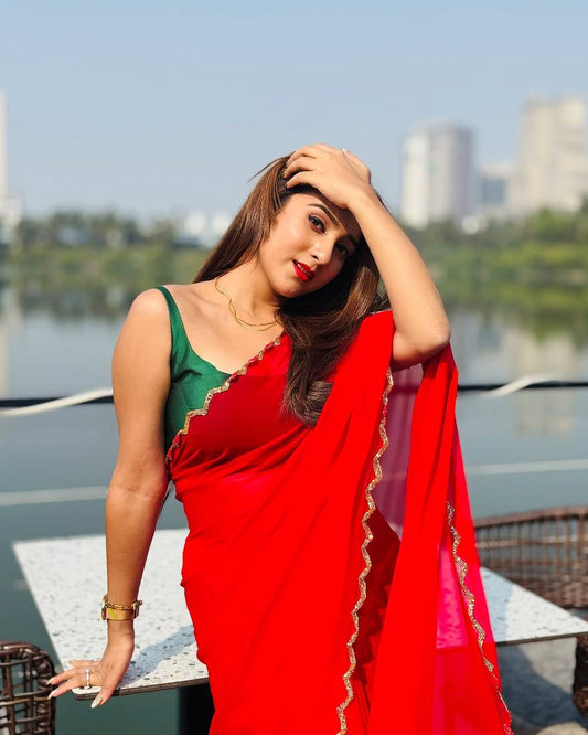 Red Plain Georgette Saree