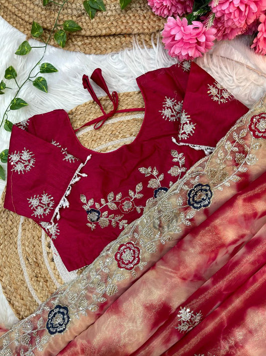 Red Prism Printed Twill Net Saree