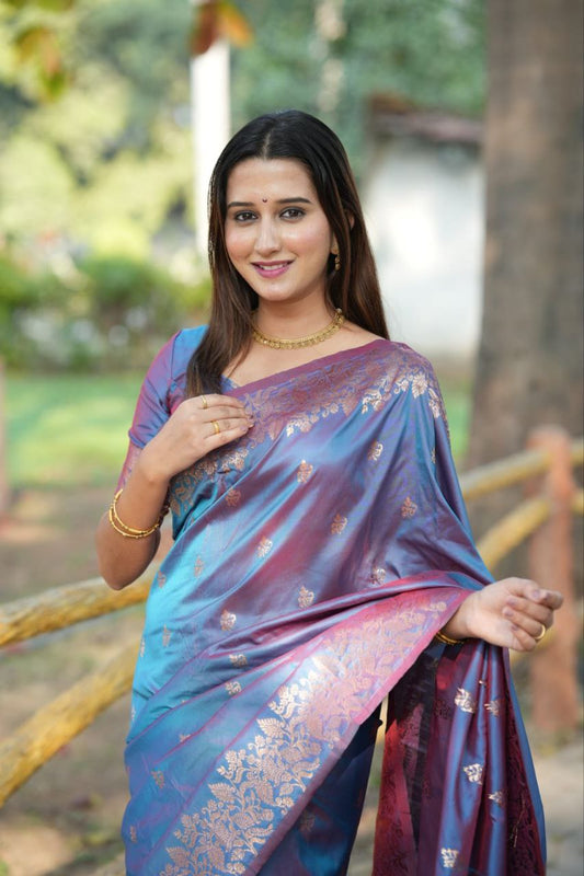 Royal Blue & Pink Dual-Tone Banarasi Silk Saree