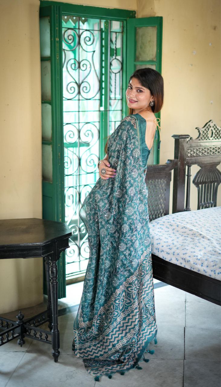 Sea Green Batik Printed Tussar Silk Saree