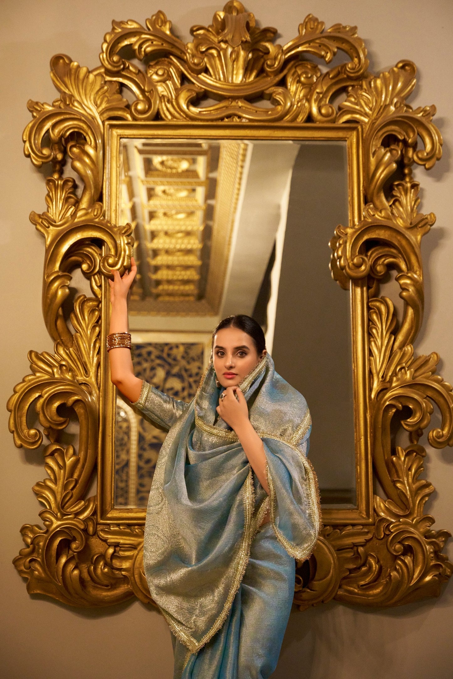 Sky Blue Wedding Wear Tissue Shimmer Saree