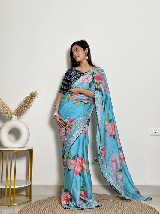 Sky Floral Georgette Satin Saree