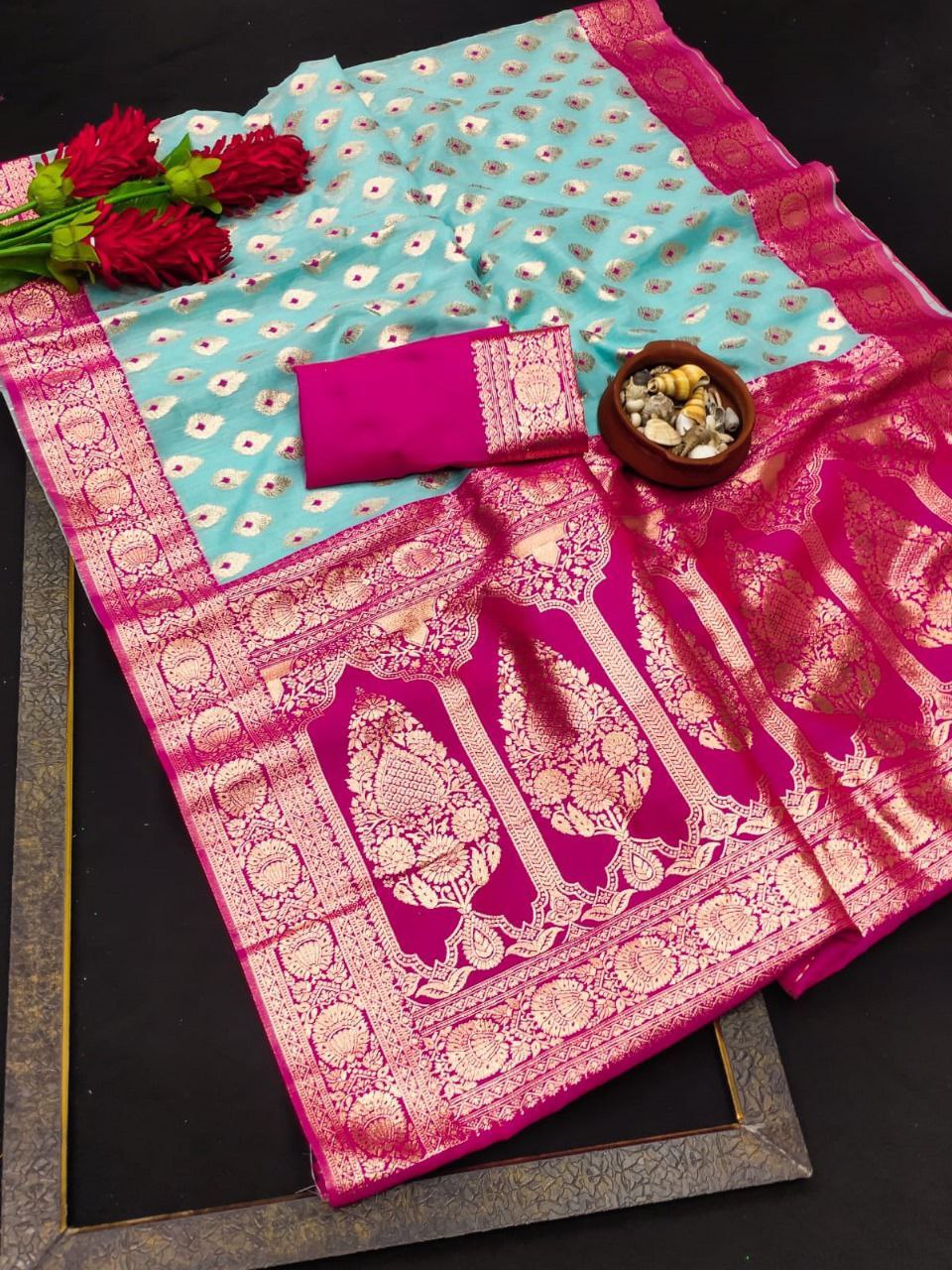 Sky Pure Linen Banarasi Silk Saree