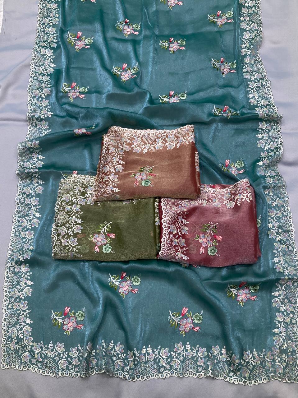 Slate Blue Designer Crunchy Silk Saree