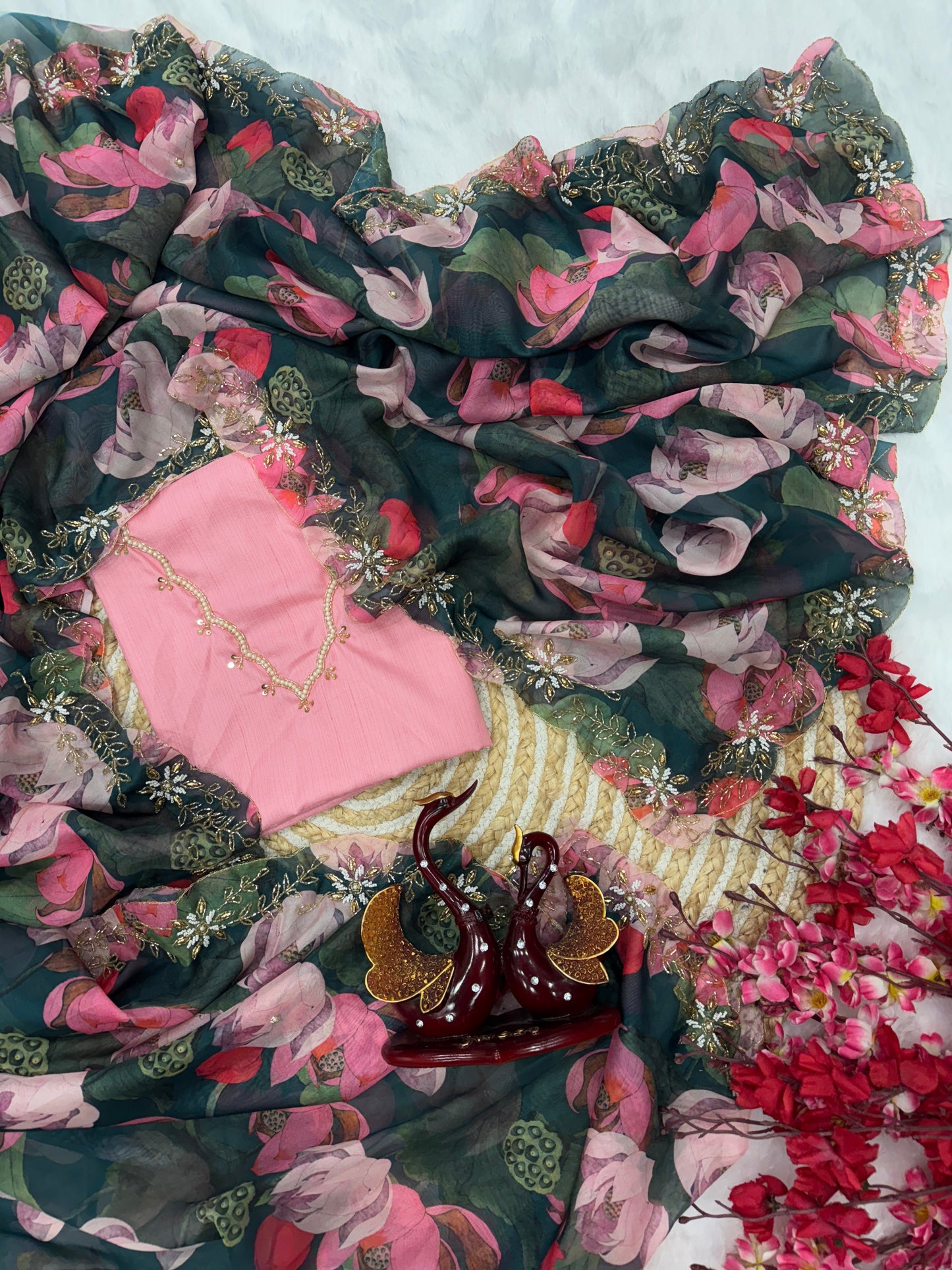 Stylish Floral Printed With Hand Worked Tabby Silk Saree