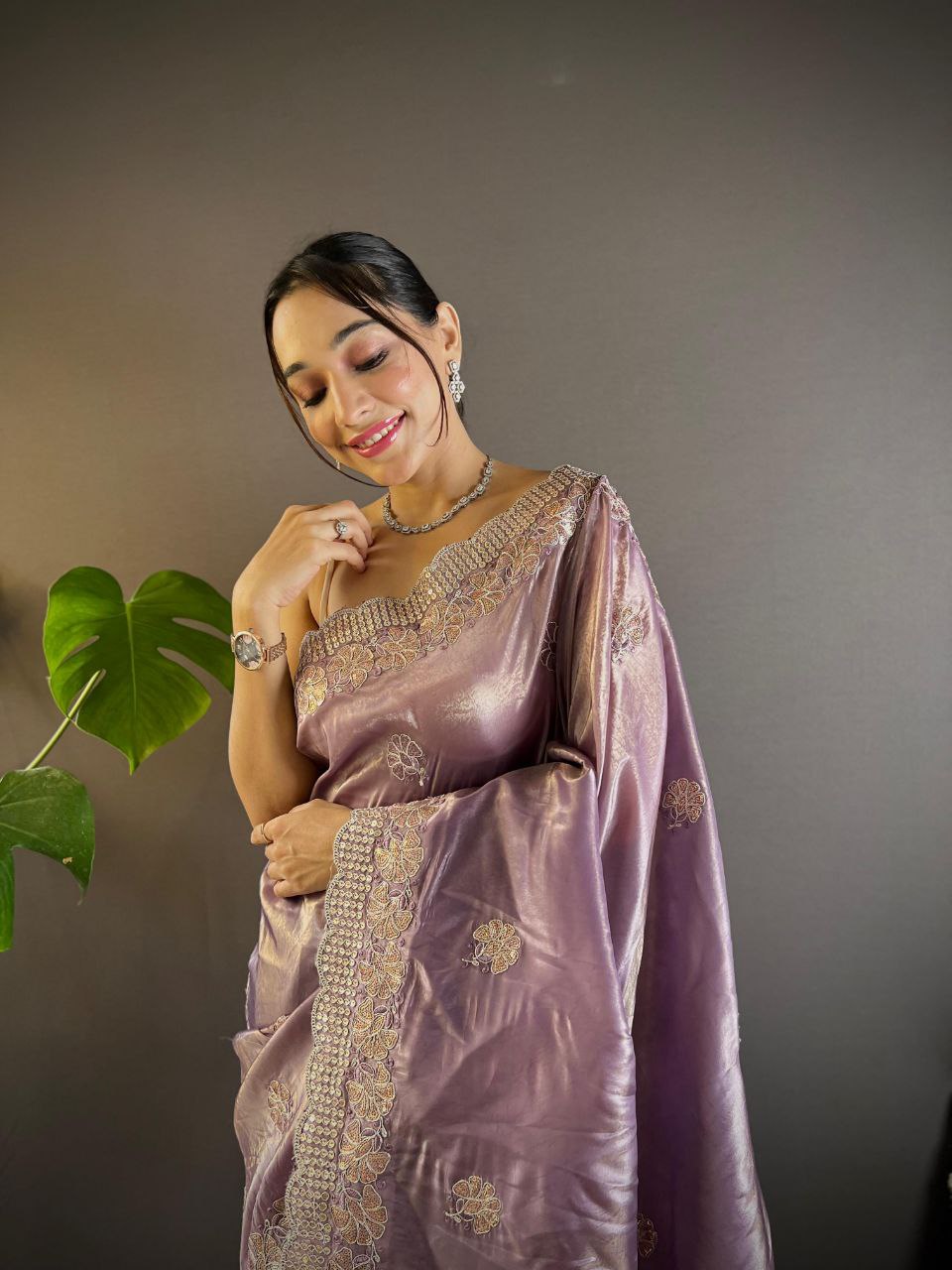 Dusty Lavender Stylish Party Wear Gold Crunchy Saree