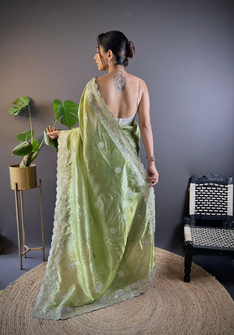 Parrot Green Stylish Party Wear Gold Crunchy Saree