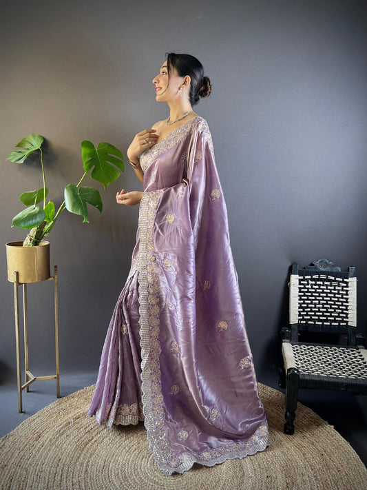 Dusty Lavender Stylish Party Wear Gold Crunchy Saree