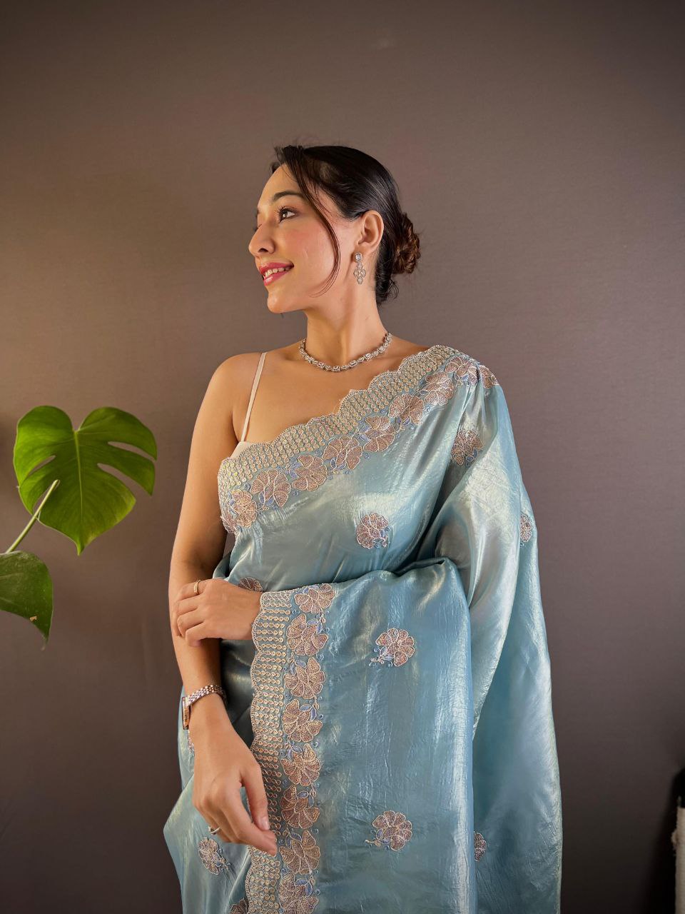 Sky Stylish Party Wear Gold Crunchy Saree