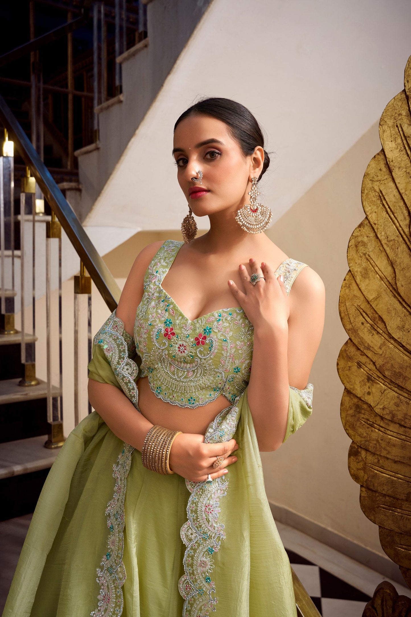 Tea Green Wedding Wear Gold Crush Lehenga