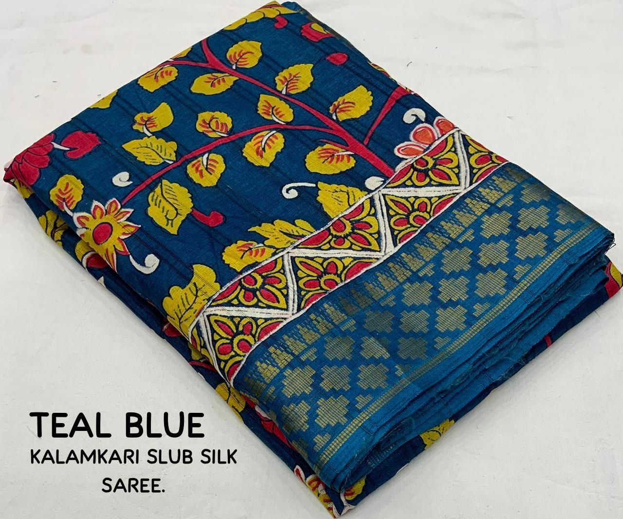 Teal Blue Slub Silk Kalamkari Printed Saree
