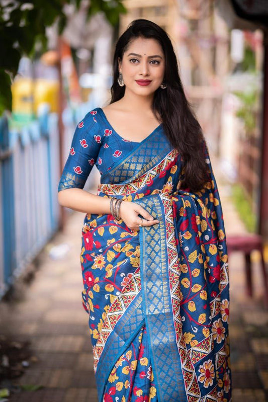 Teal Blue Slub Silk Kalamkari Printed Saree