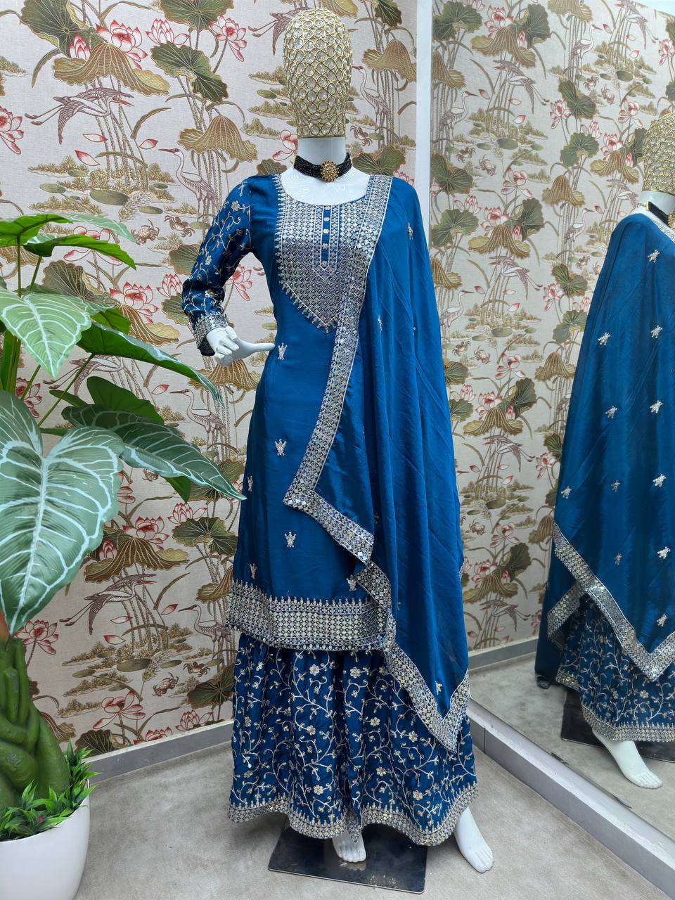 Blue Chinon Silk Designer Kurta Set