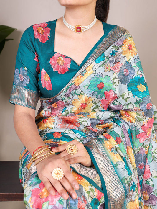Teal Floral Printed Tussar Silk Saree