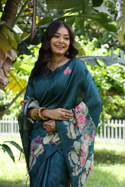 Teal Lotus Printed Tussar Silk Saree