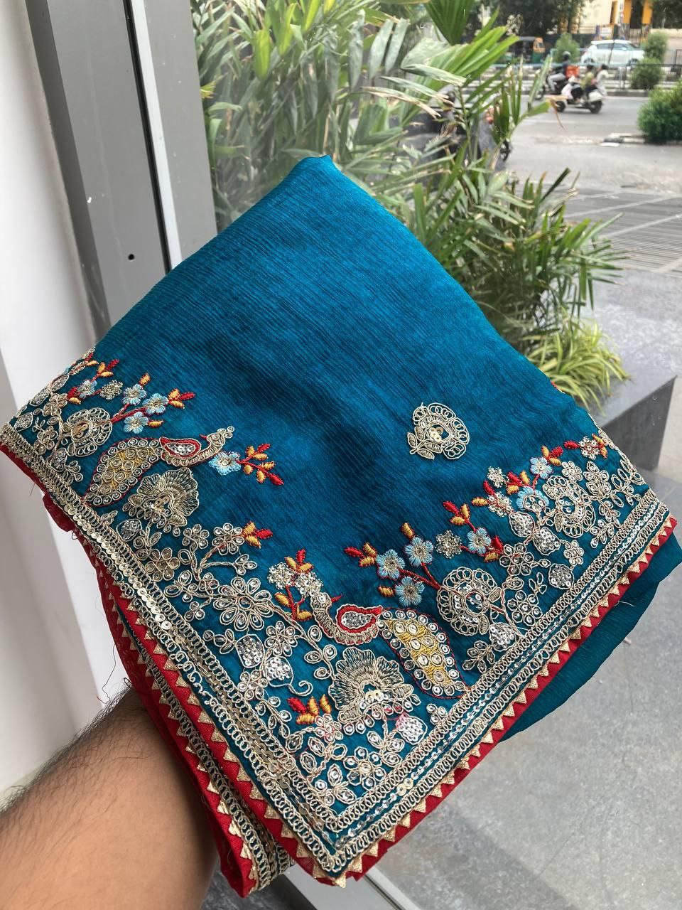 Teal Party Wear Fendy Chiffon silk Saree